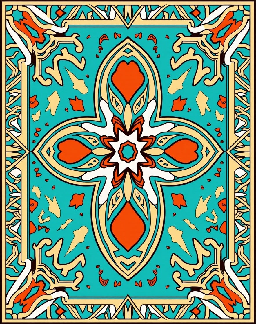Turquoise Orange Geometric Art Deco Rug