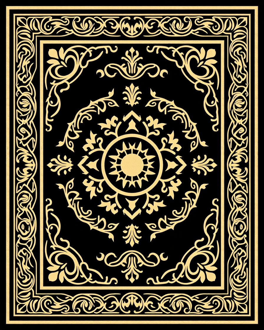 Elegant Black Gold Floral Pattern Rug