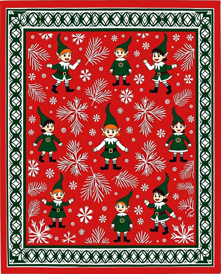 Holiday Elf Red Evergreen Snowflake Scene Rug