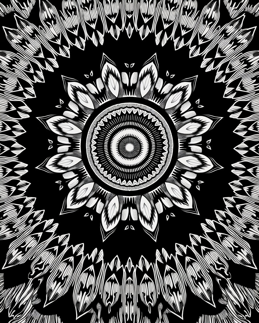 Intricate Black White Mandala Design Rug