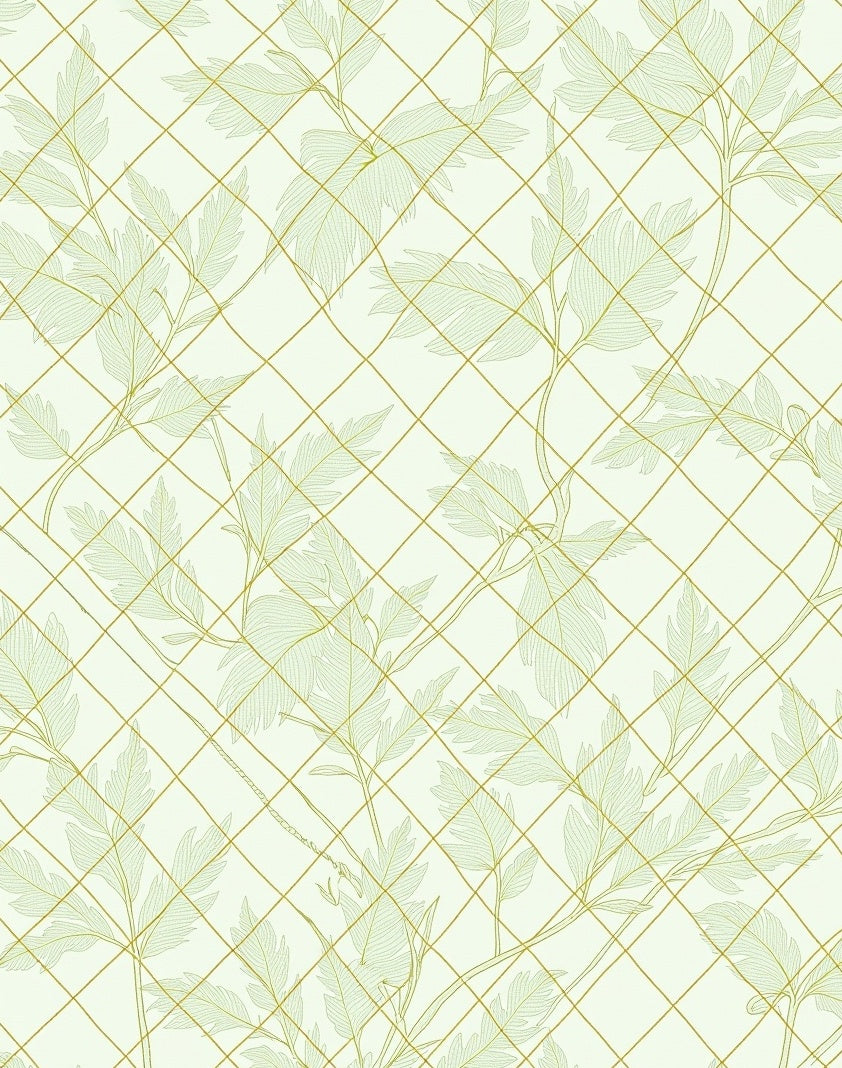 Delicate Leaf Pattern With Golden Grid Rug
