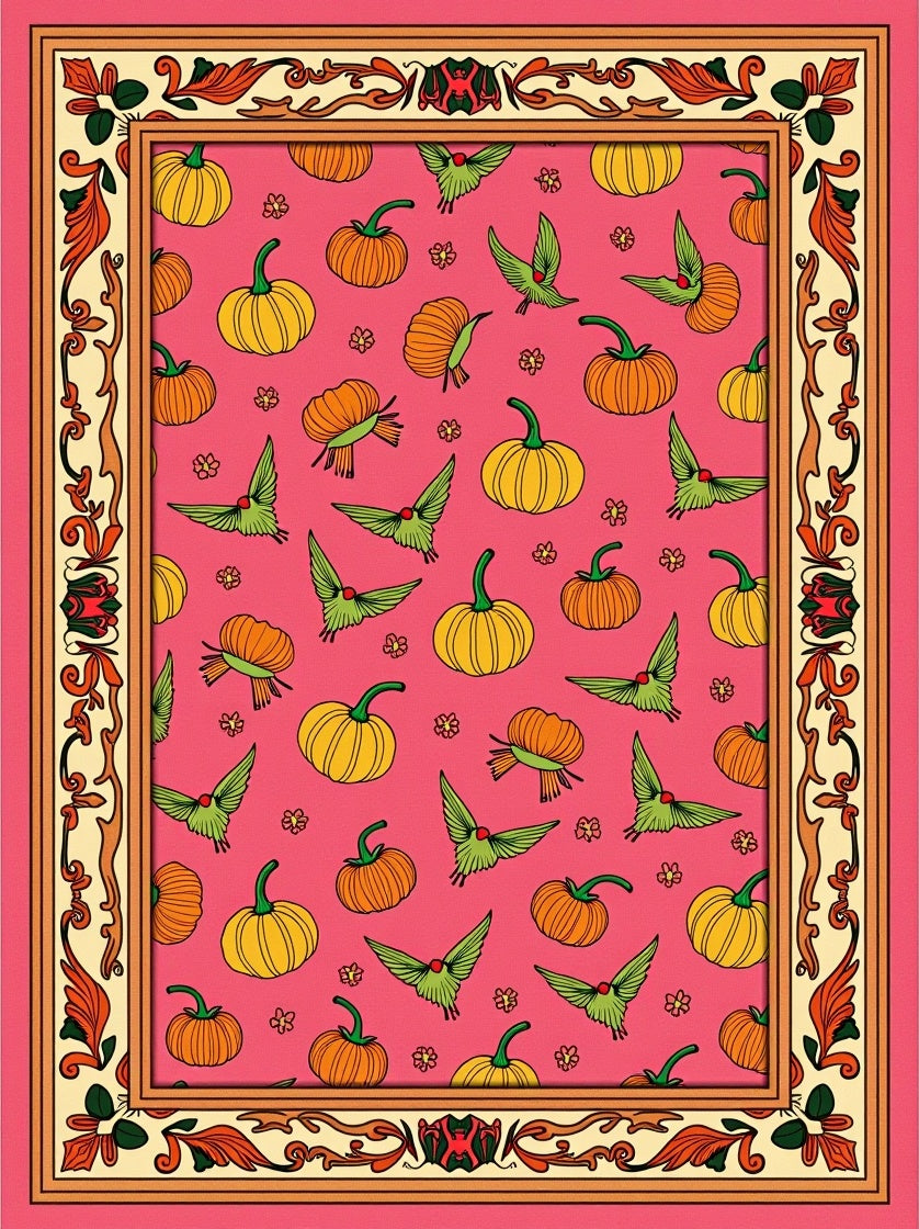 Whimsical Pumpkin Bird Pattern Frame Rug