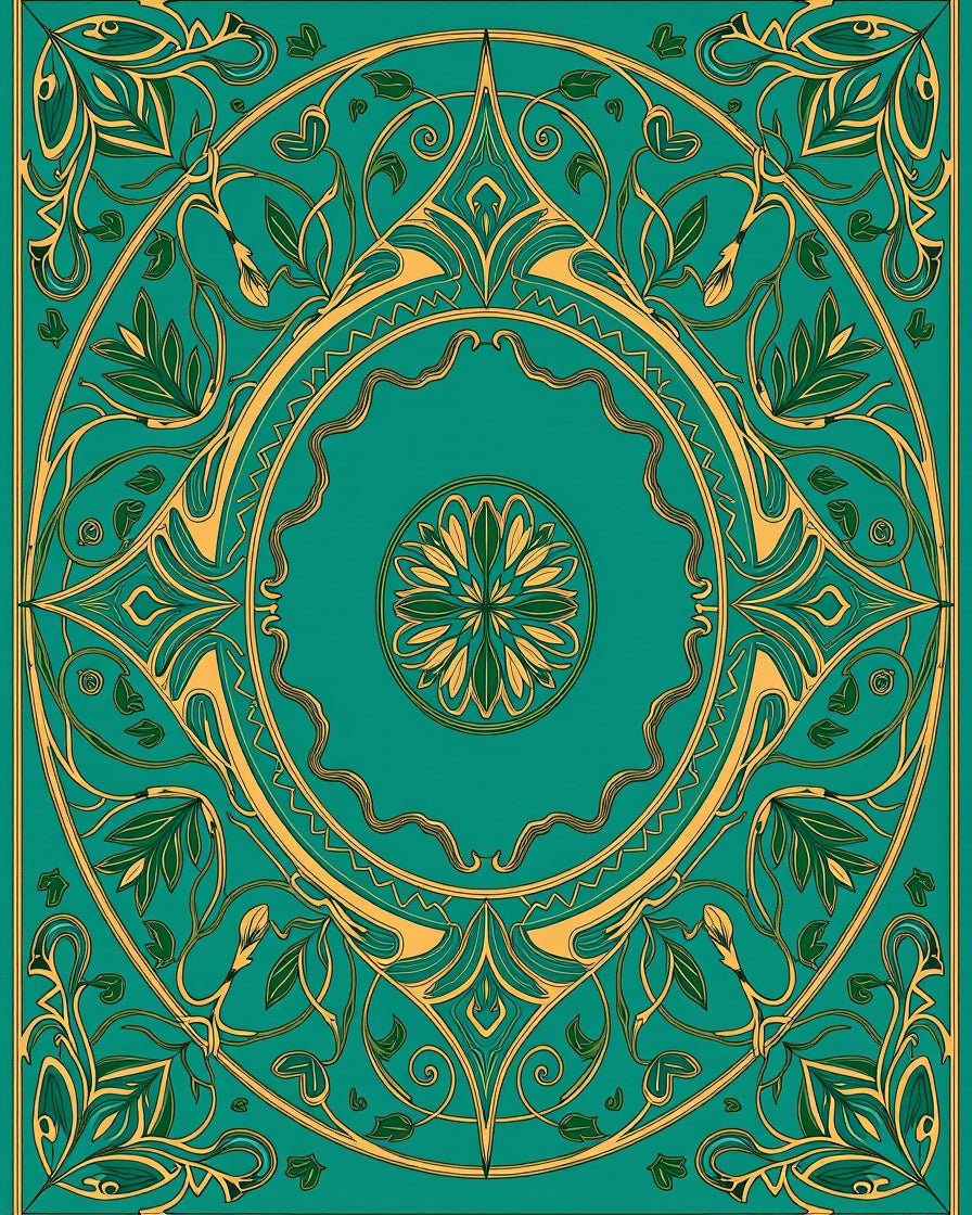Elegant Teal and Gold Botanical Scroll Design Rug