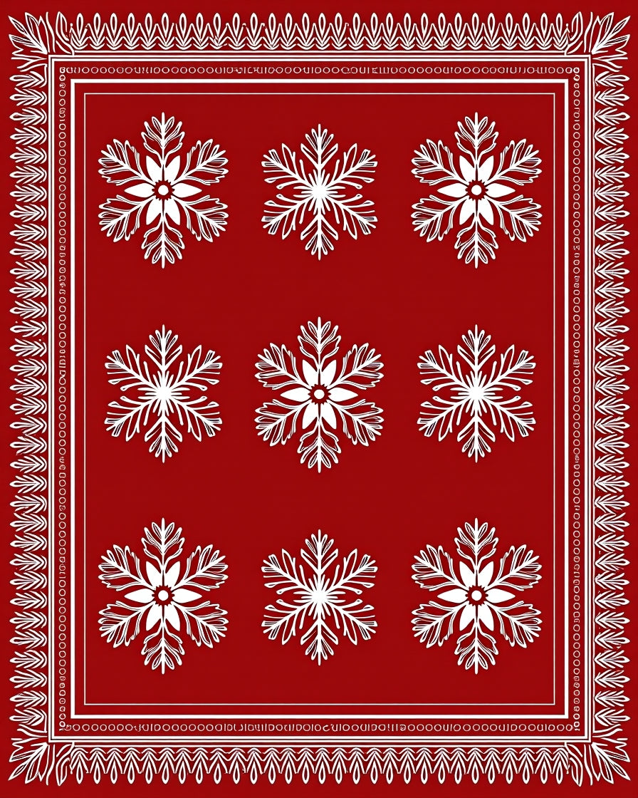 Red White Snowflake Medallion Border Rug