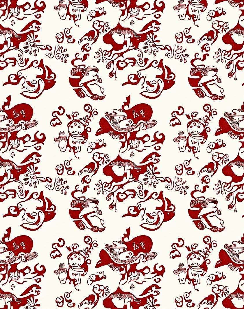 Red White Whimsical Figural Pattern Rug