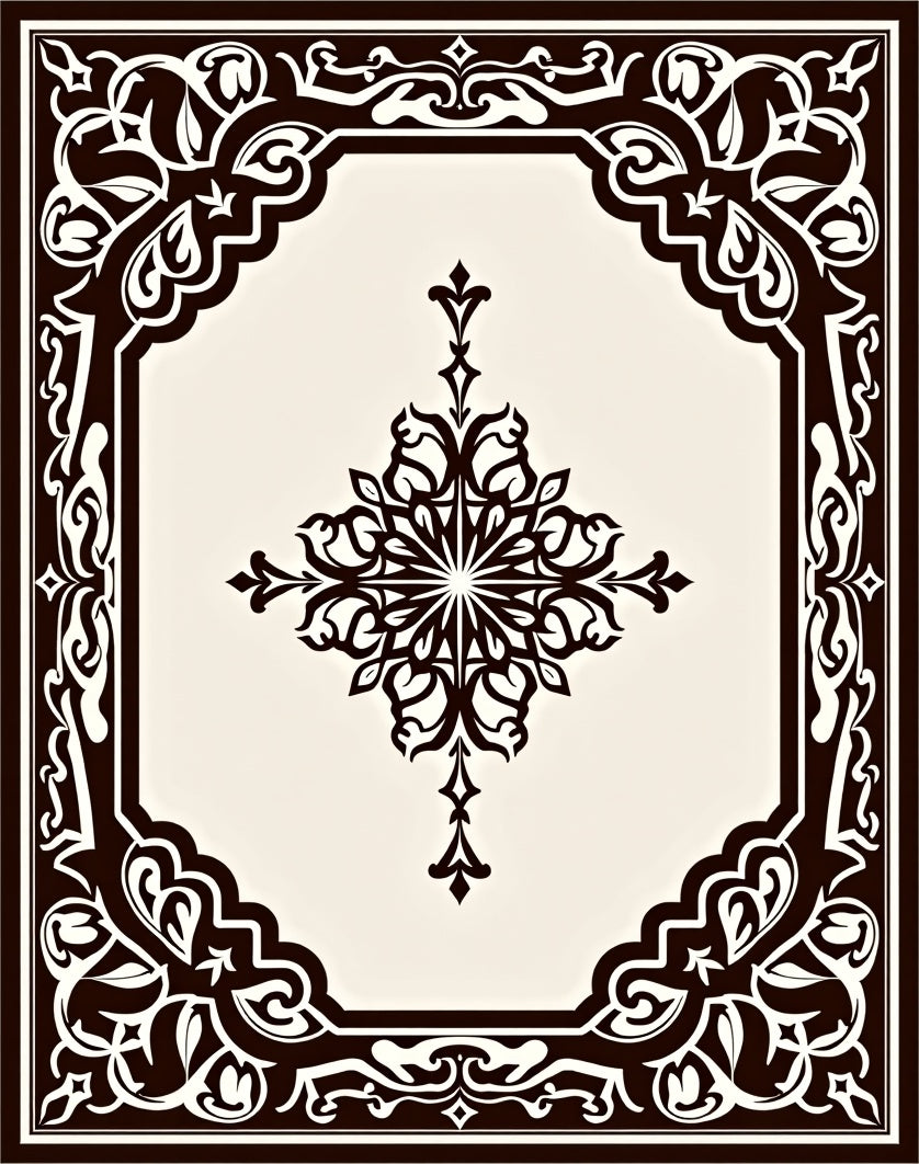 Ornate Dark Brown Floral Frame Rug
