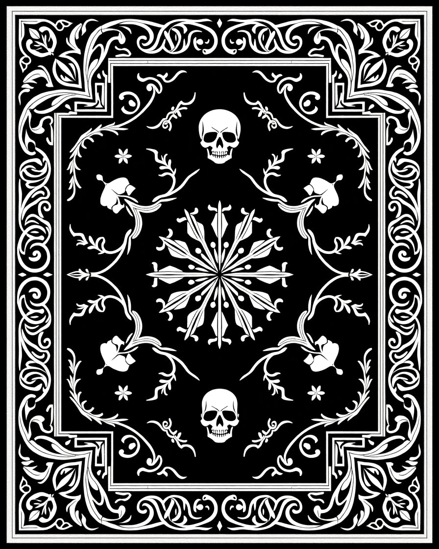 Gothic Black White Skull Detailed Rug