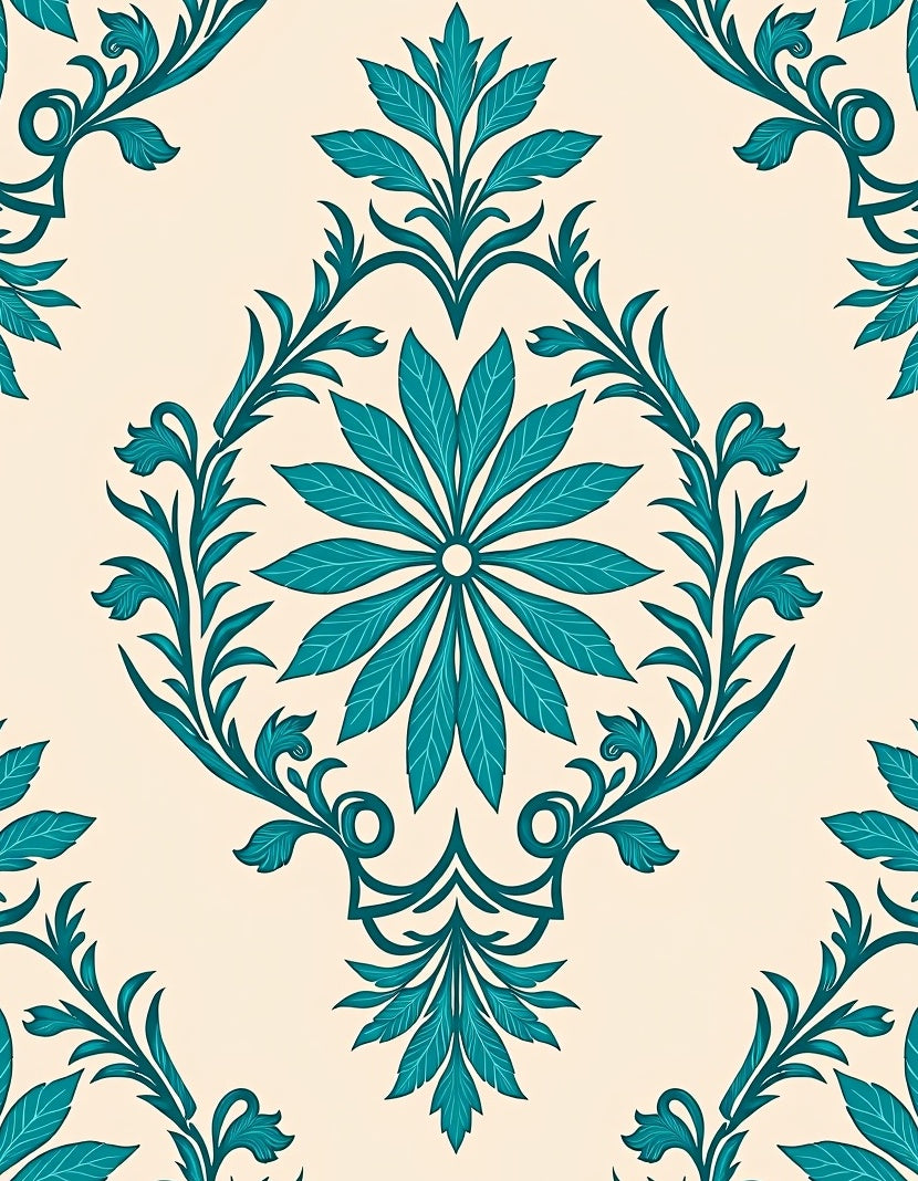 Teal Cream Floral Pattern Design Rug