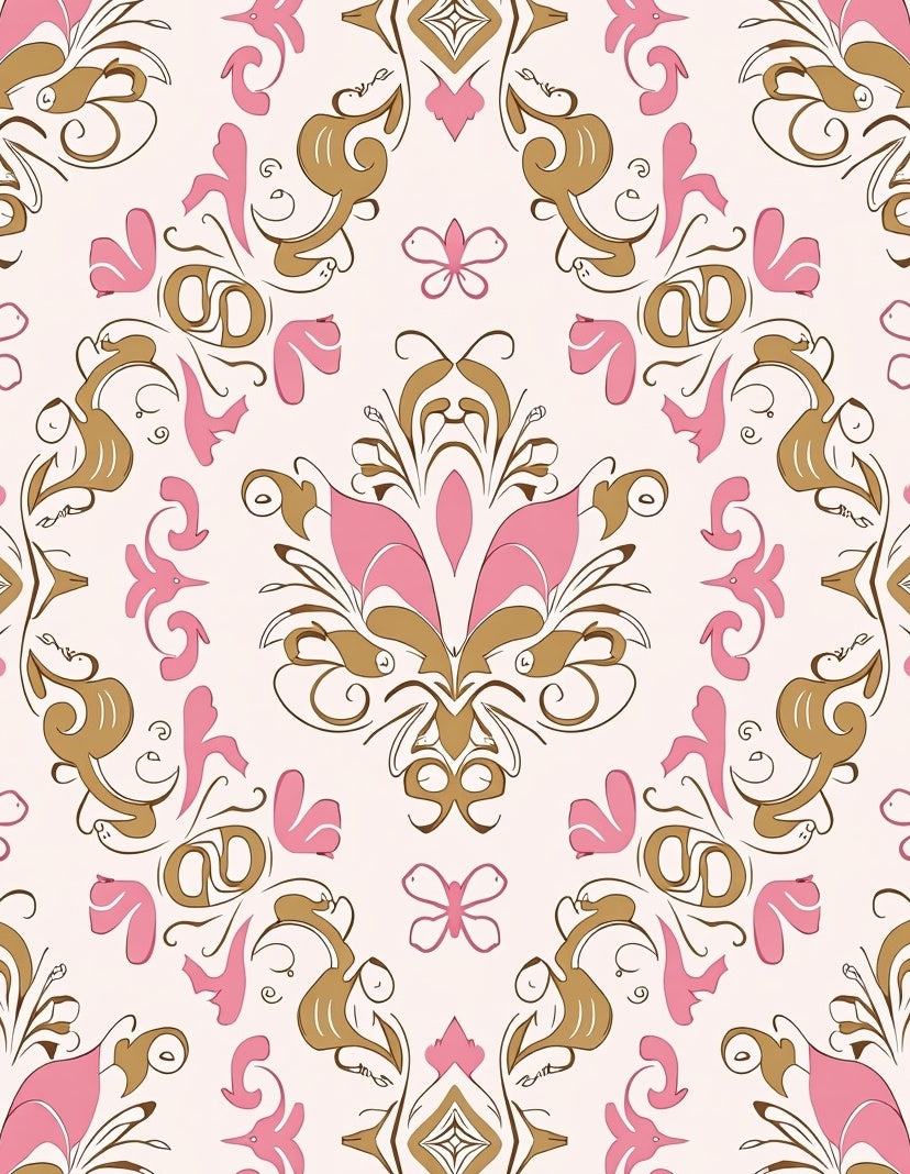 Ornate Pink Gold Floral Pattern Rug
