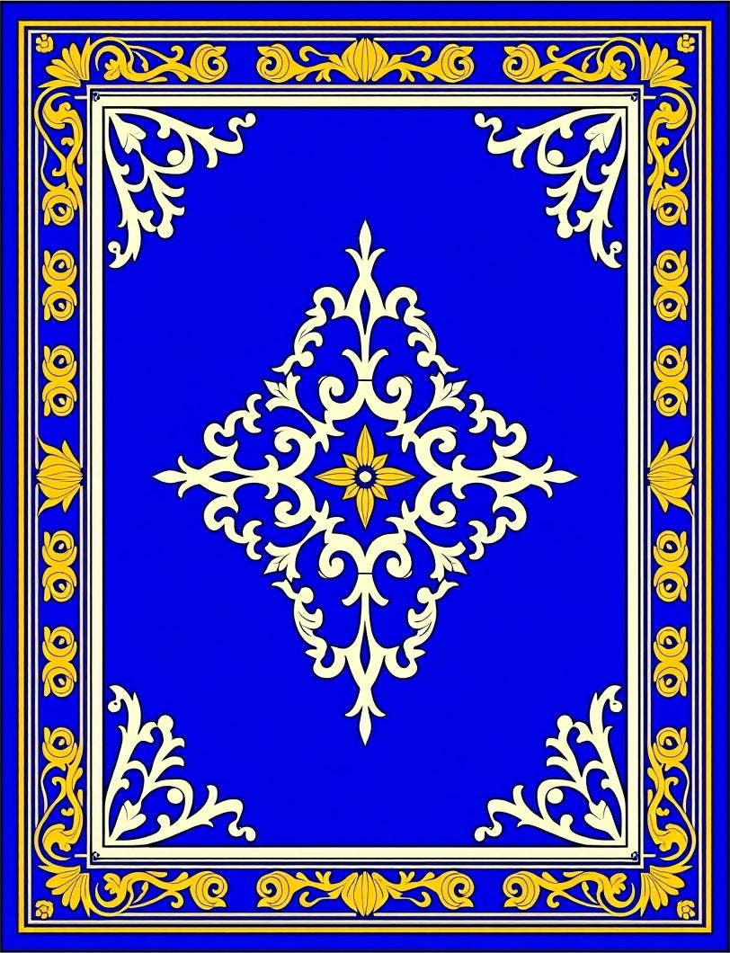 Regal Blue Gold Ornate Floral Design Rug