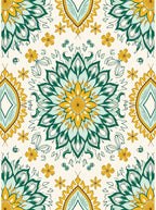 Ornate Teal Yellow Sunburst Pattern Rug