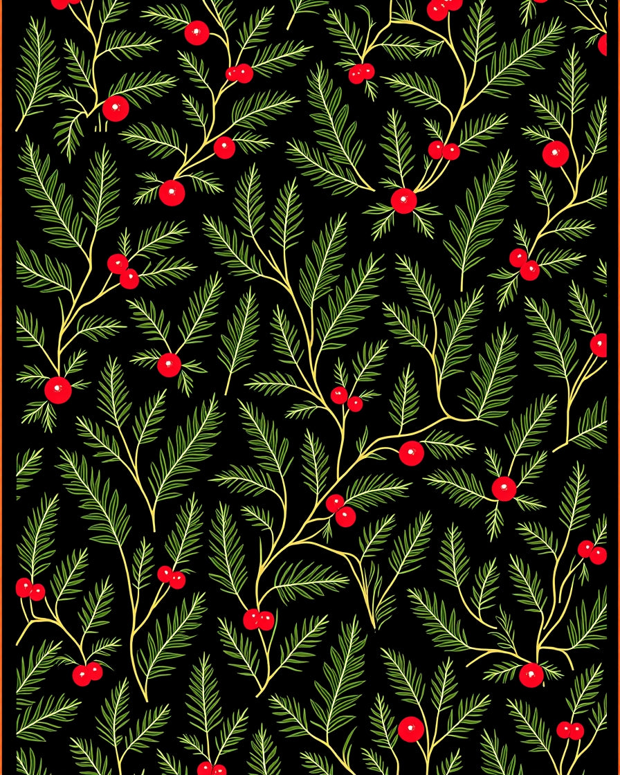 Black Evergreen Holly Berry Garland Rug