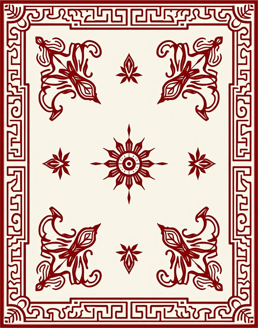 Red Ornamental Corner Scroll Design Rug