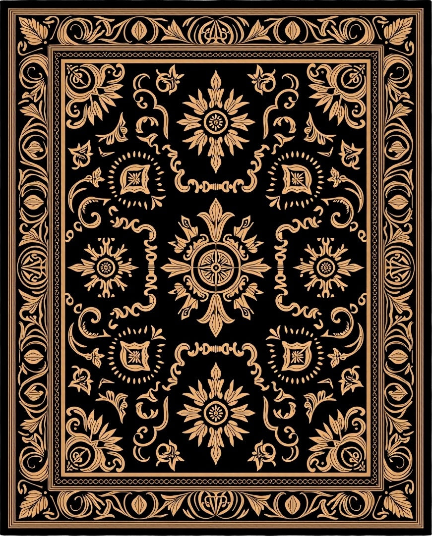 Elaborate Floral Scrollwork Black Gold Rug