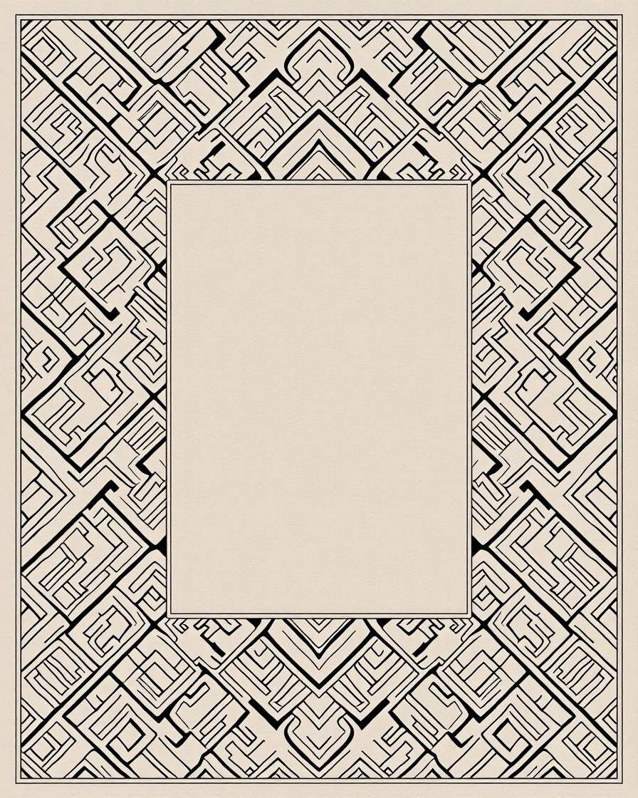 Abstract Black Geometric Maze Pattern Rug