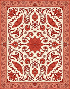 Ornate Floral Scrollwork Cream Red Rug