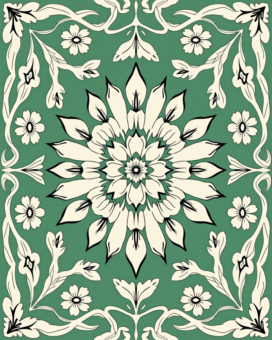 Green Floral Medallion Pattern Rug