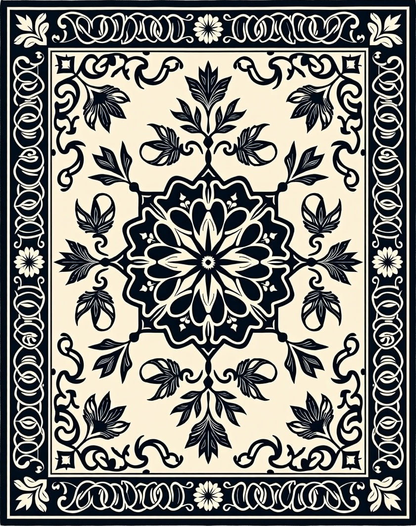 Classic Floral Medallion Black Design Rug