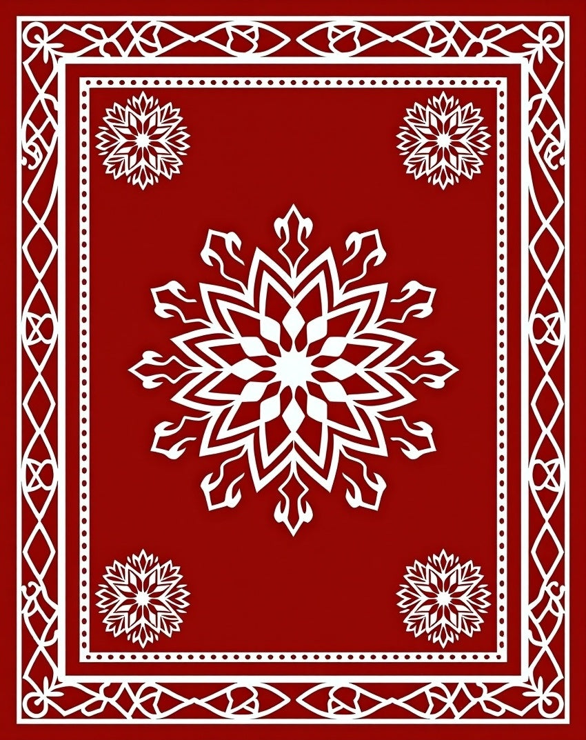 Red Snowflake Patterned Traditional Rug