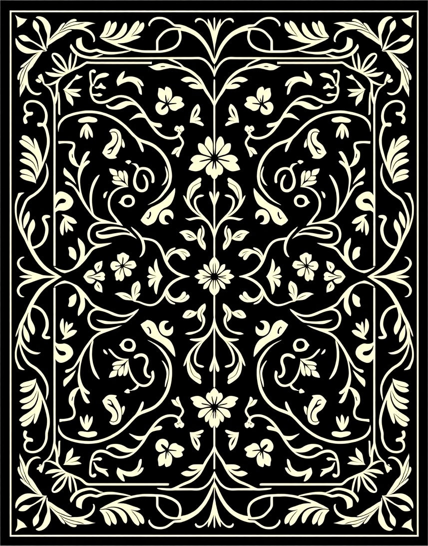 Cream Floral Swirls Black Elegance Rug