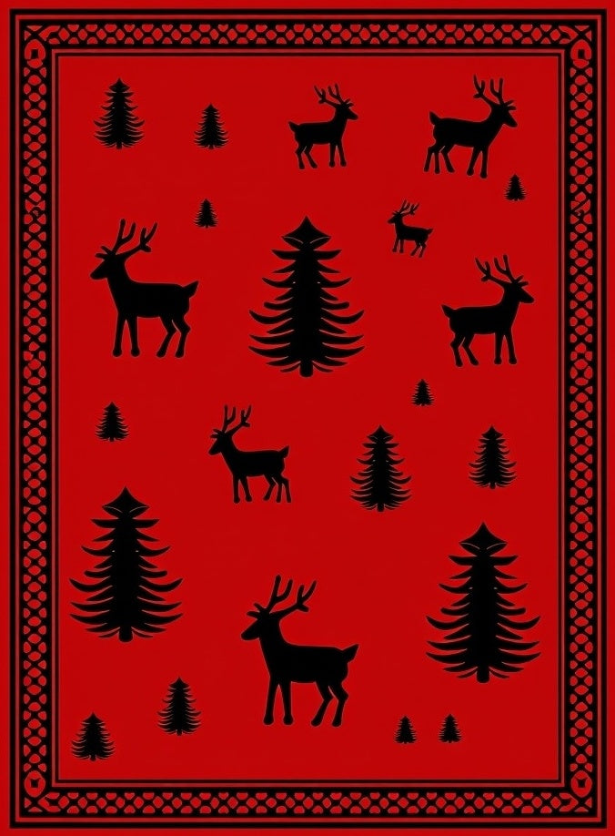 Bold Red Deer Pine Pattern Rug