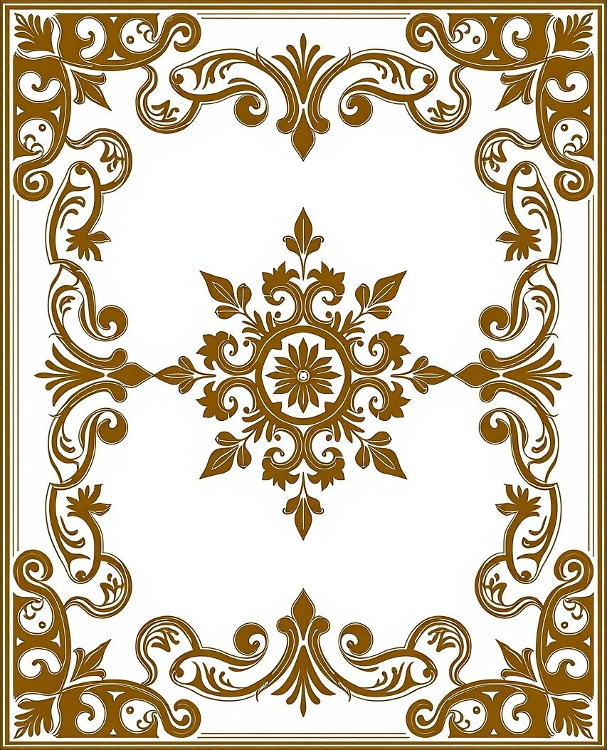 Ornate Golden Floral Scrollwork Frame Rug