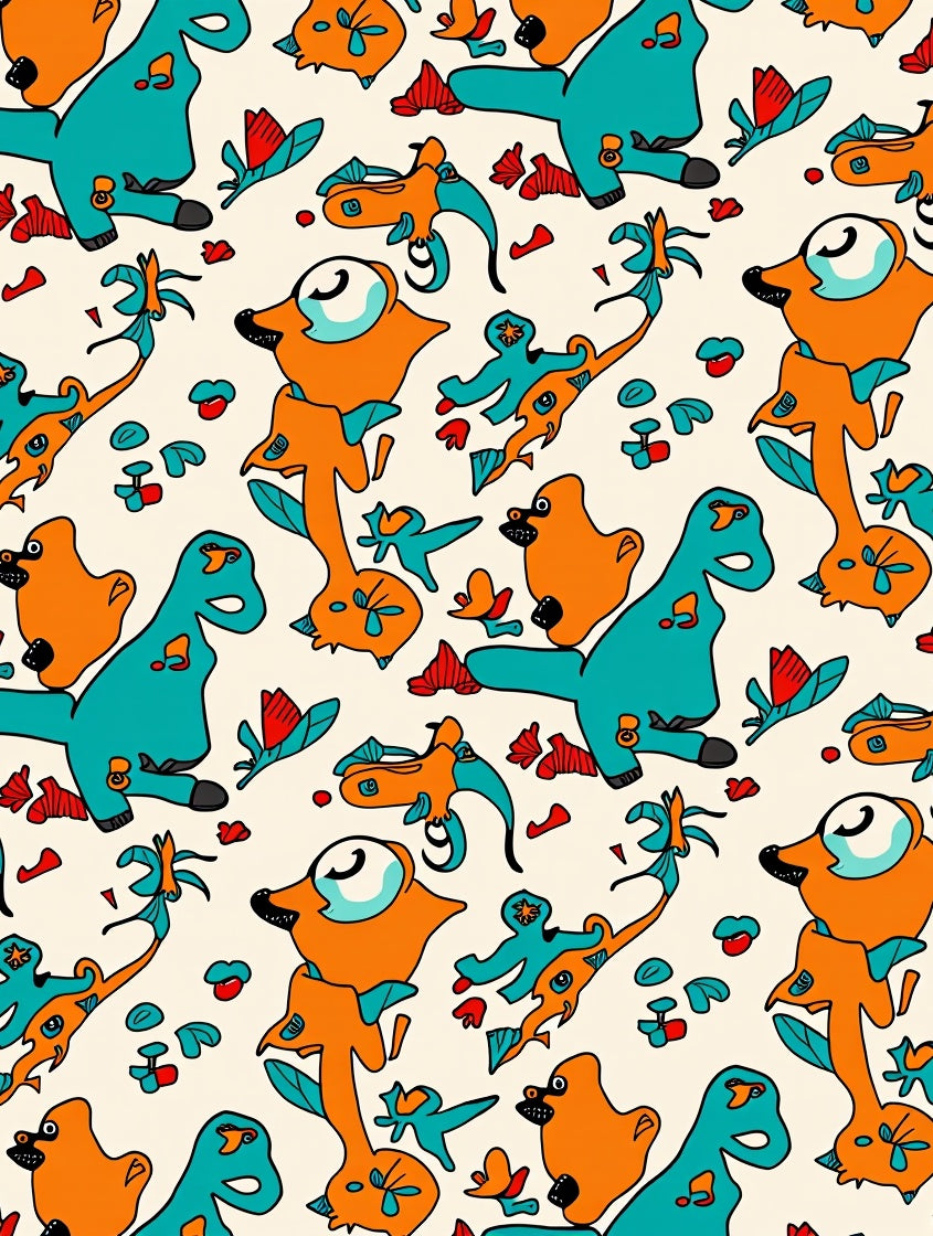 Whimsical Orange Teal Creature Pattern Rug