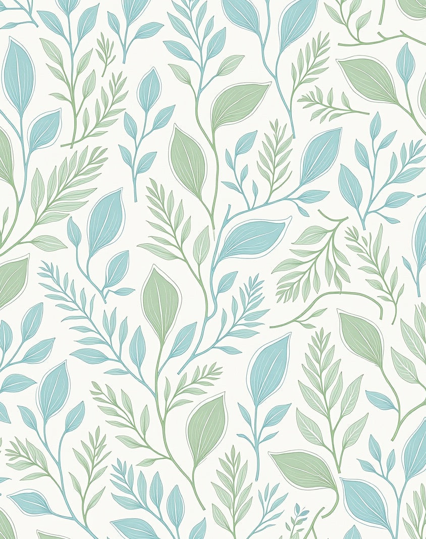 Soft Blue Green Leafy Vine Pattern Rug