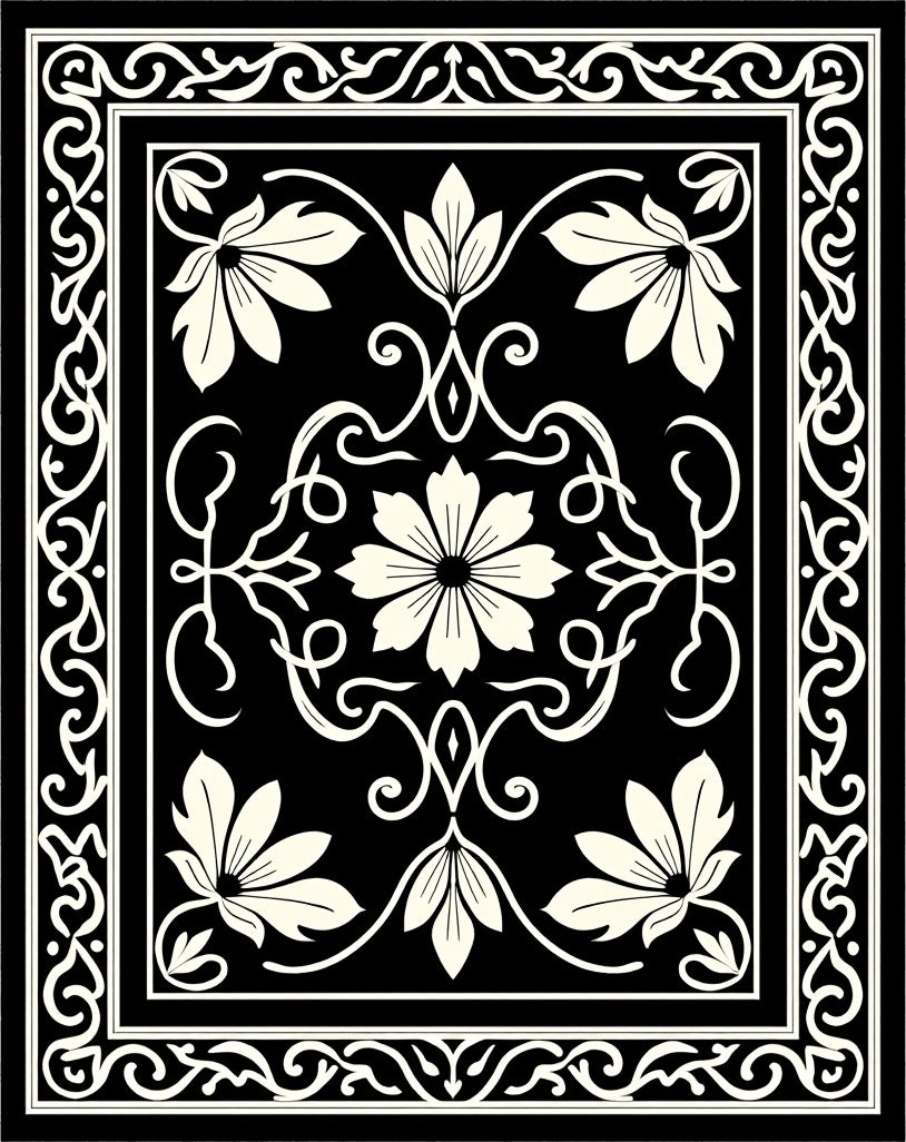Classic Floral Scrollwork Black Cream Rug