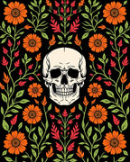 Floral Skull Patterned Dark Rug