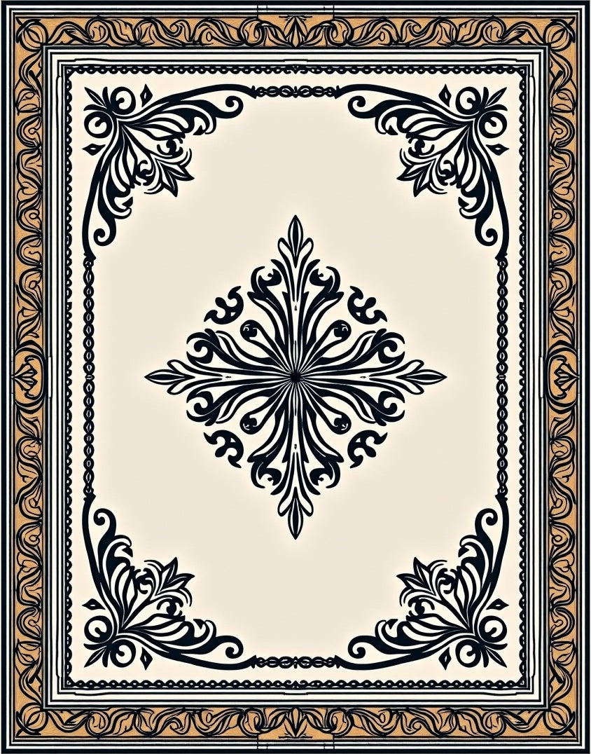 Ornate Black Gold Scroll Pattern Rug