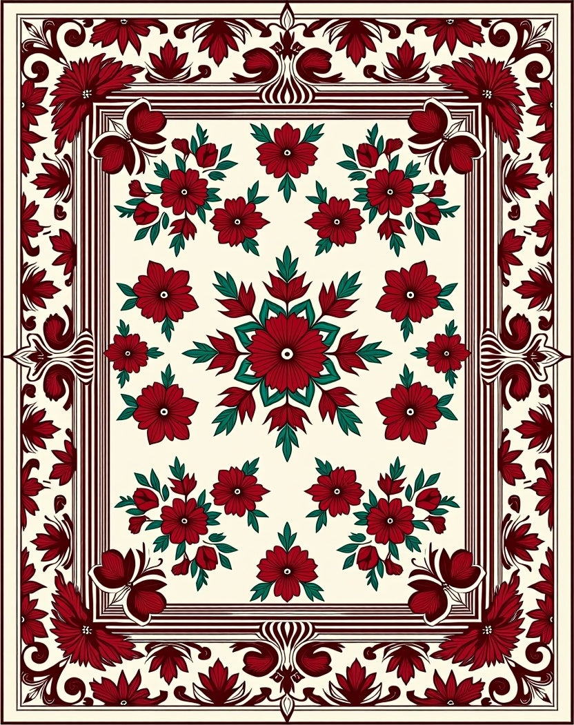 Crimson Floral Mandala Patterned Textile Rug