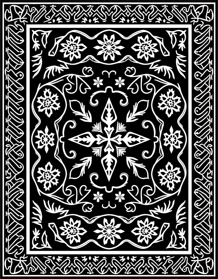 Elaborate Black White Floral Mandala Rug