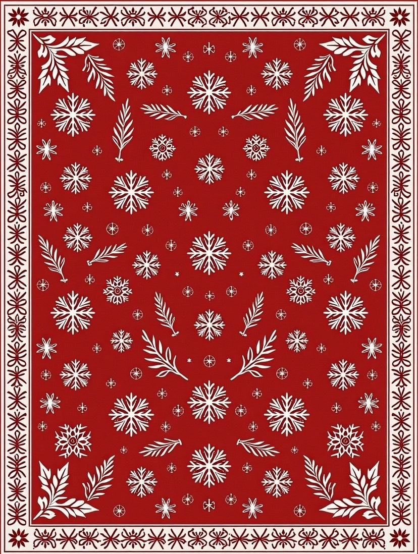 Red White Snowflake Floral Pattern Rug