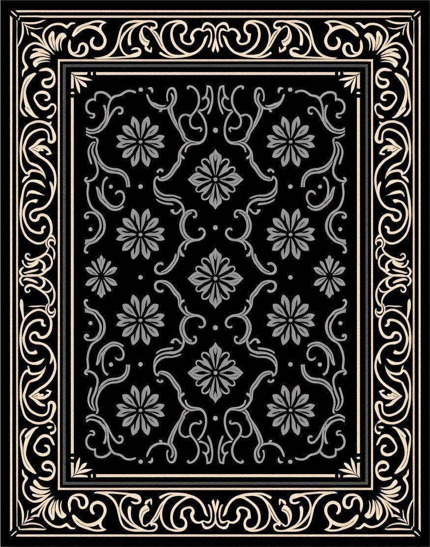 Classic Black Floral Scroll Design Rug