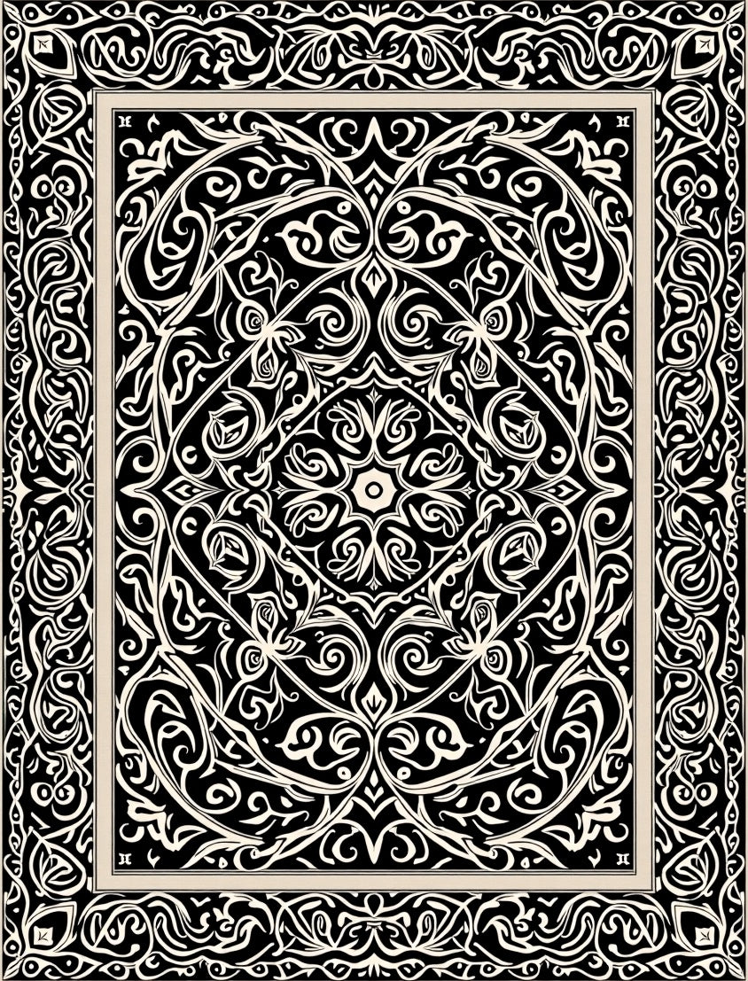 Bold Black White Scroll Pattern Rug