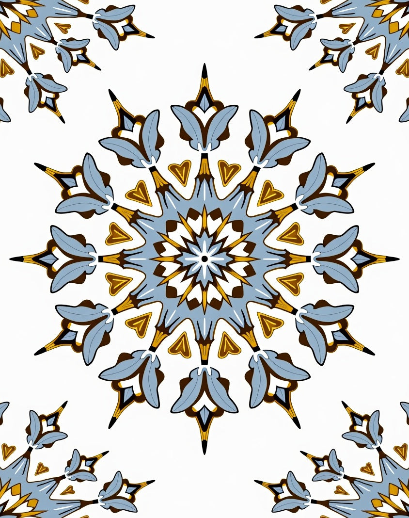 Intricate Blue Gold Floral Mandala Pattern Rug