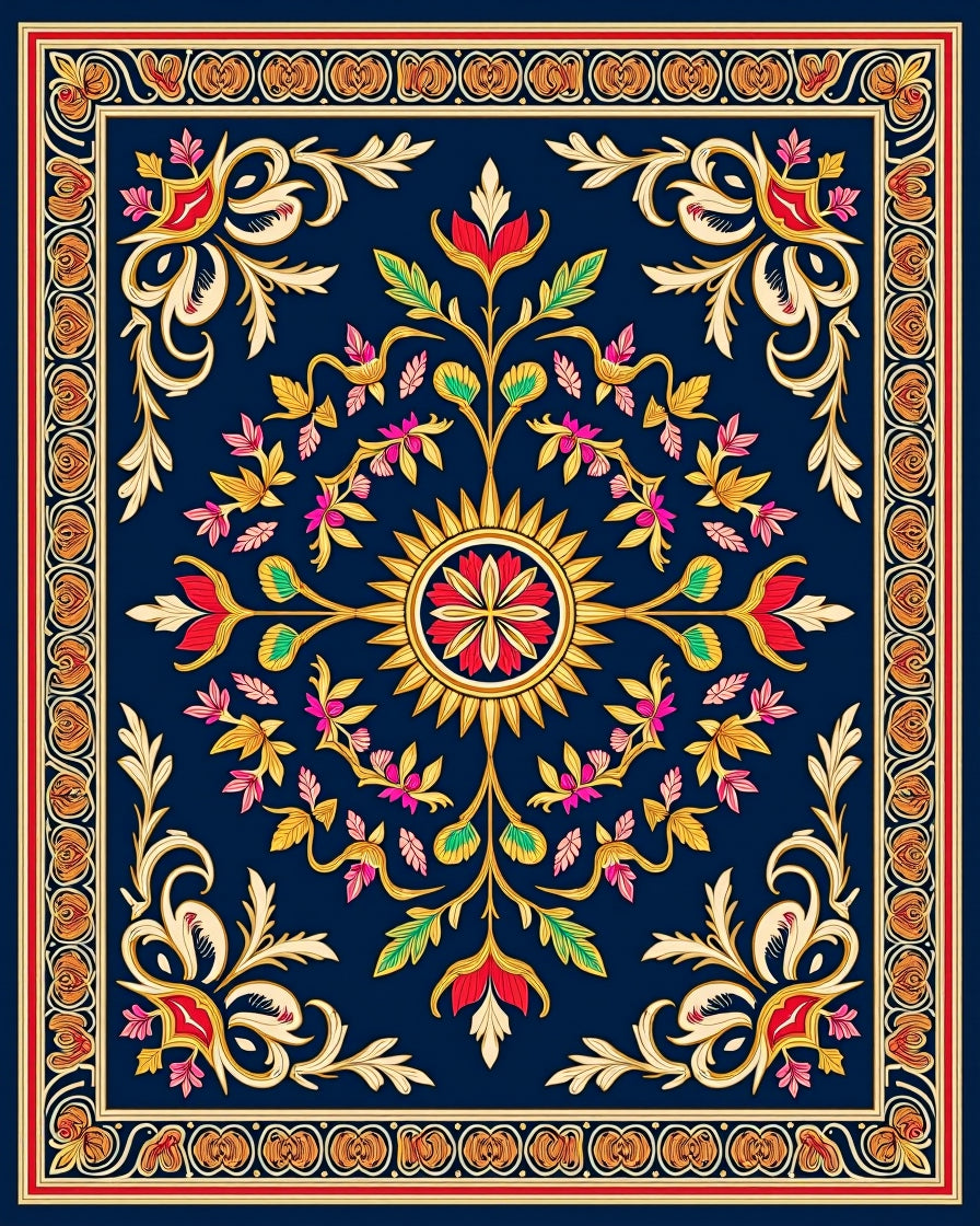 Ornate Floral Medallion Navy Rug