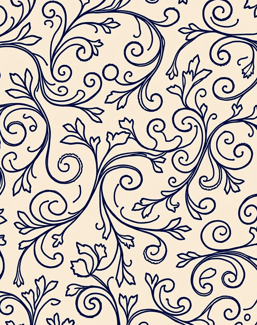 Elegant Navy Swirl Floral Foliage Design Rug