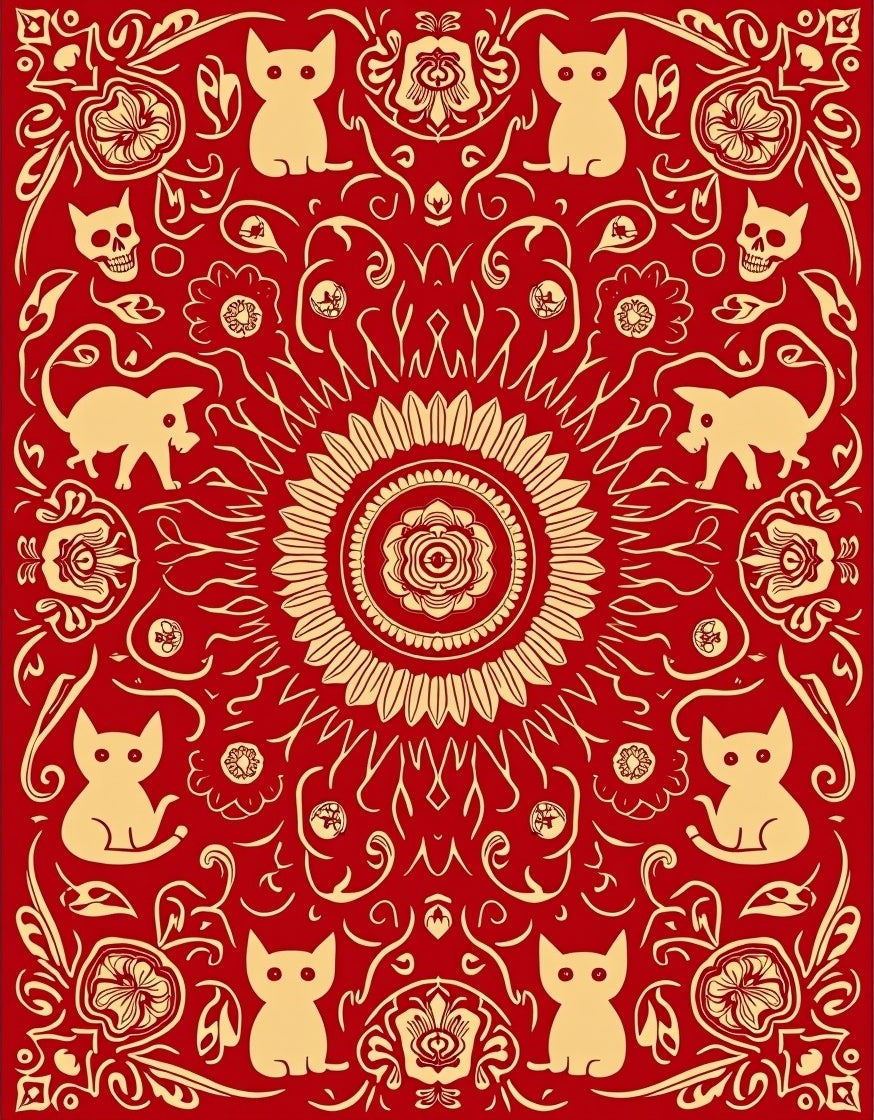 Red Cat And Skull Pattern Rug
