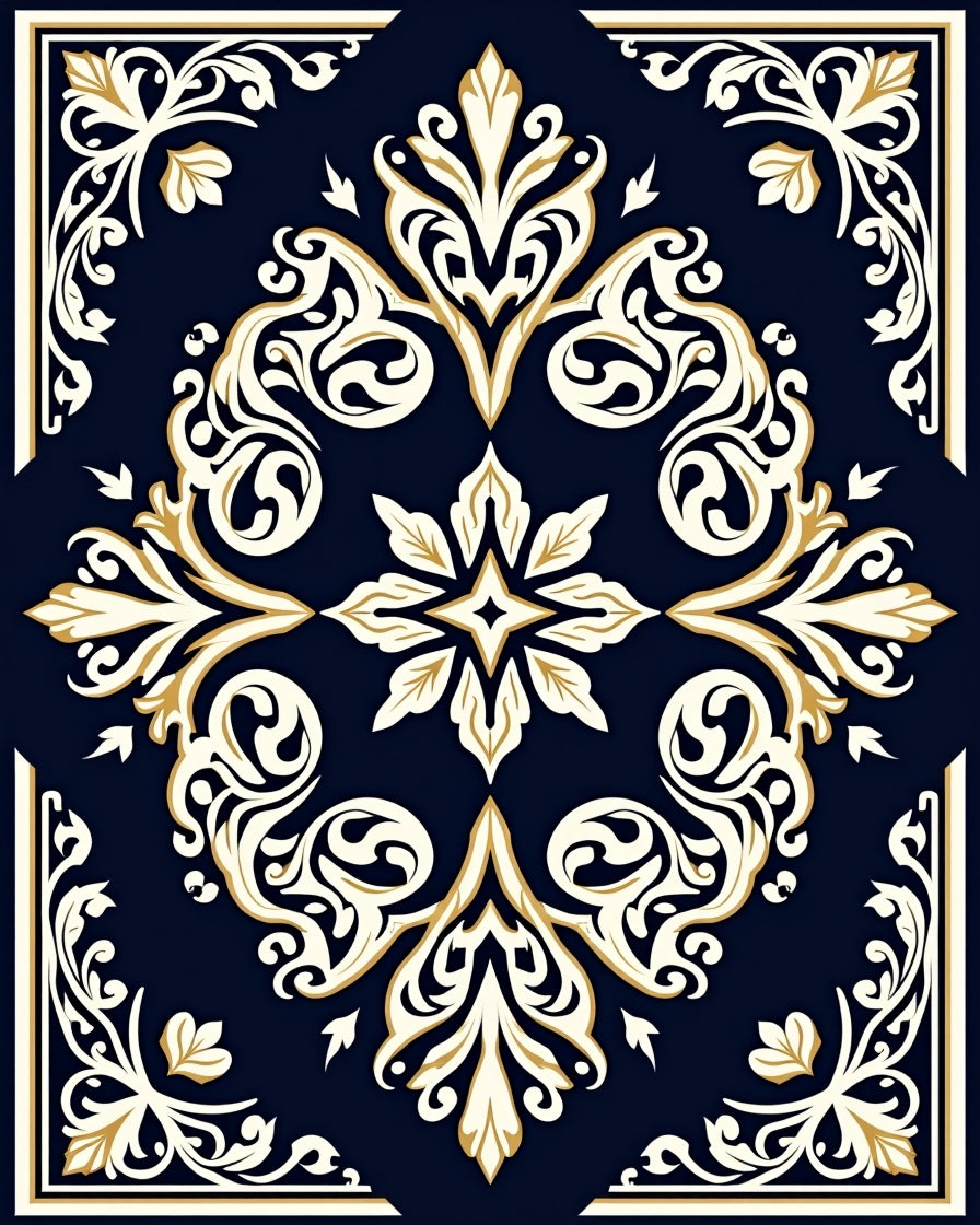 Ornamental Navy Gold Scrollwork Pattern Rug