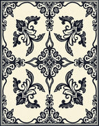 Ornate Black Floral Damask Pattern Rug