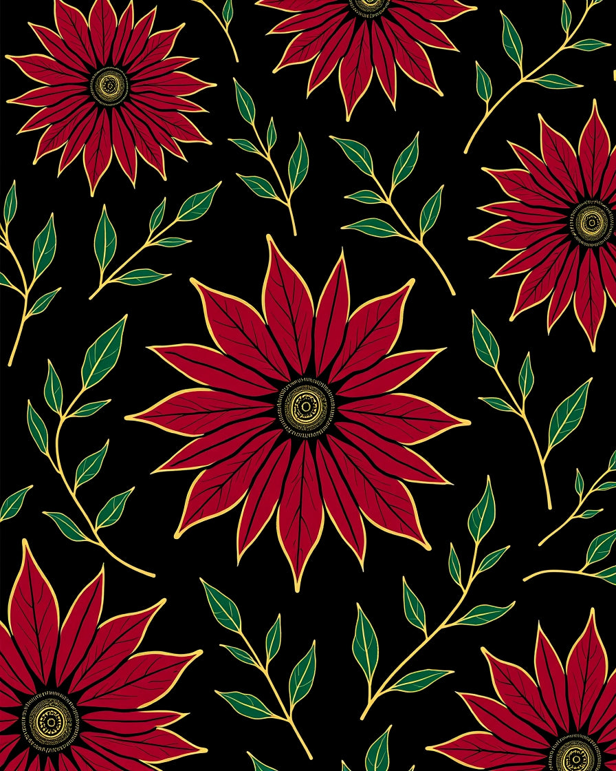 Bold Red Floral With Green Leaves Pattern Rug