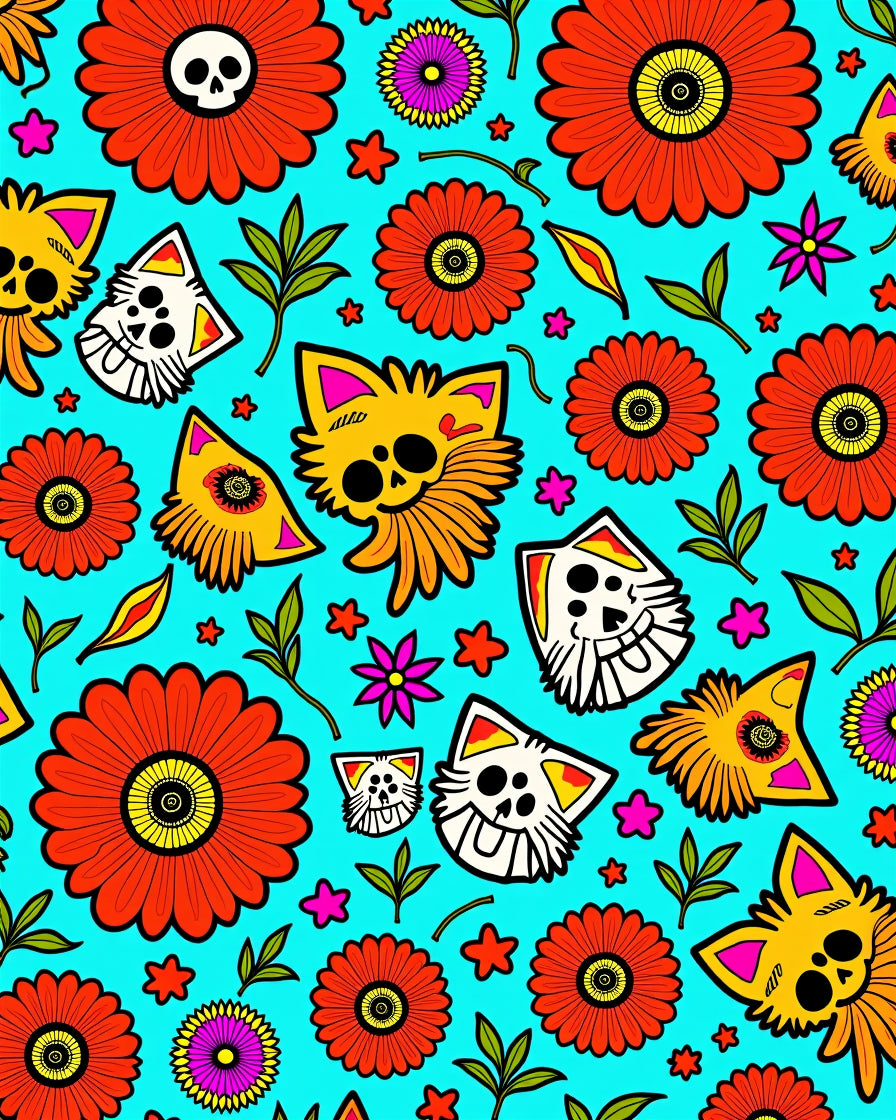 Vibrant Floral Cat Skulls Design Rug