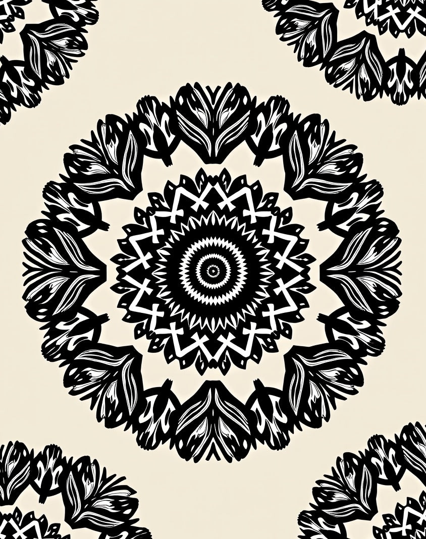Ornate Black White Mandala Pattern Rug