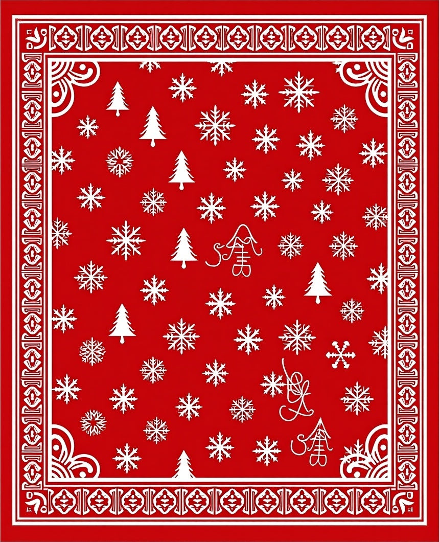 Red White Snowflake Christmas Tree Border Rug