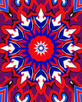 Vibrant Red Blue Starburst Mandala Design Rug