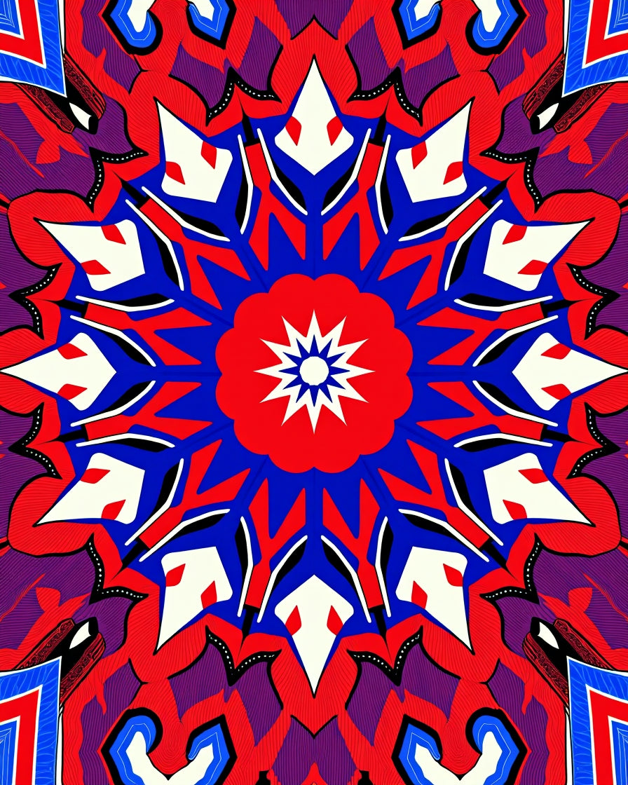 Vibrant Red Blue Starburst Mandala Design Rug