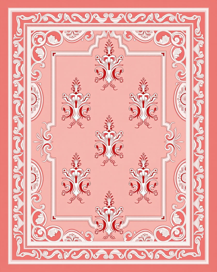 Coral Red Ornate Scroll Medallion Rug