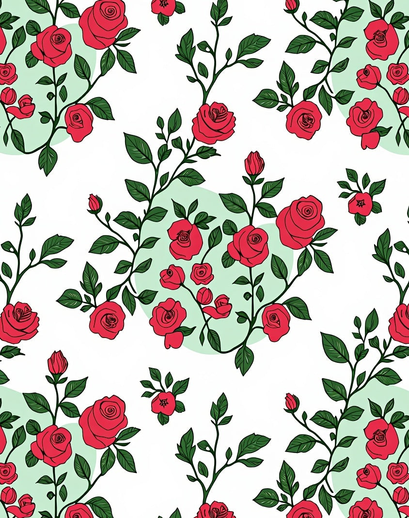 Classic Red Rose Floral Branch Pattern Rug